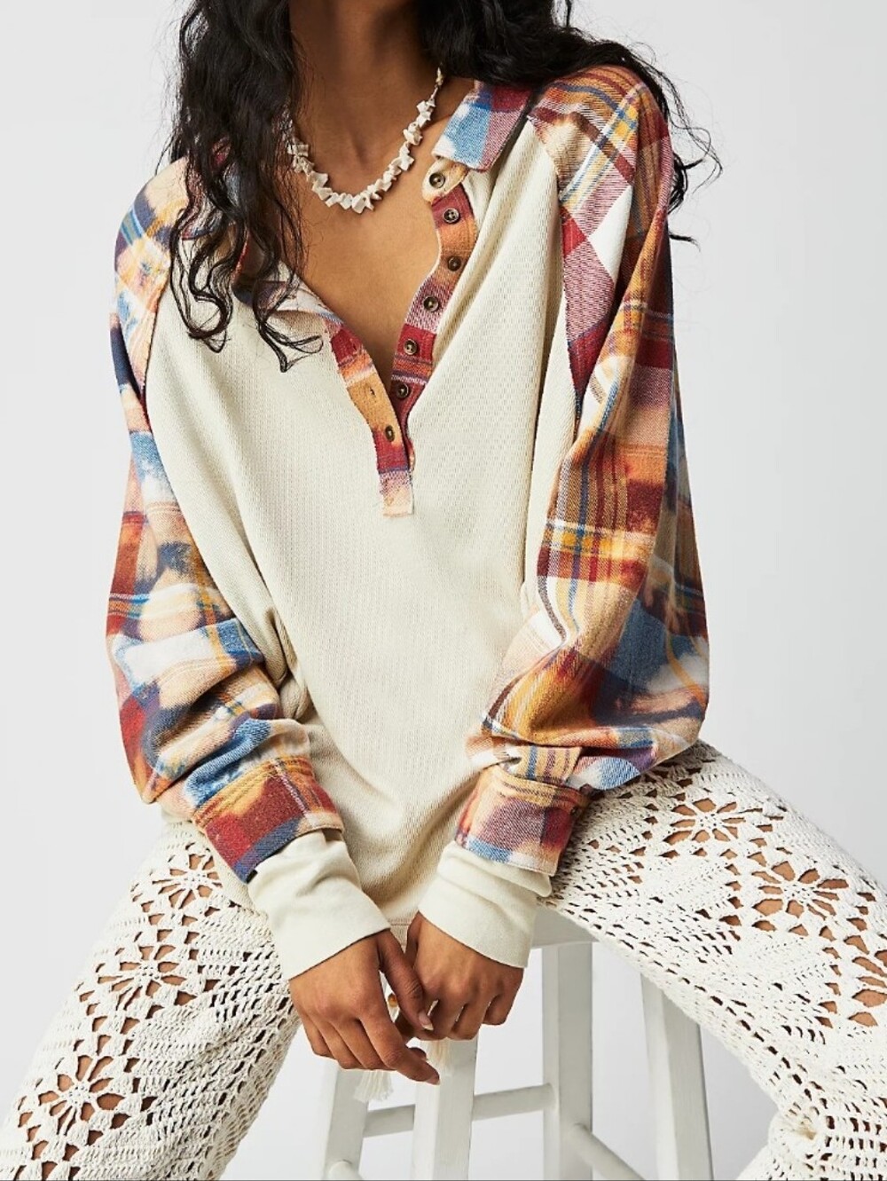 We The Free Isabelle Thermal Plaid Distressed Sleeve Popover Top XS - Picture 14 of 14